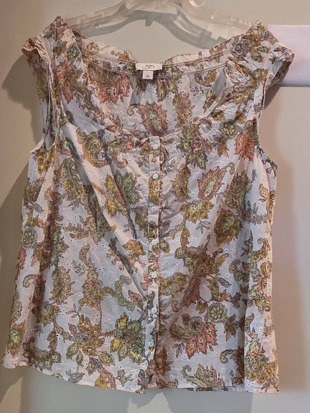 LOFT Paisley Floral Eyelet Sleeveless Button Blouse XL